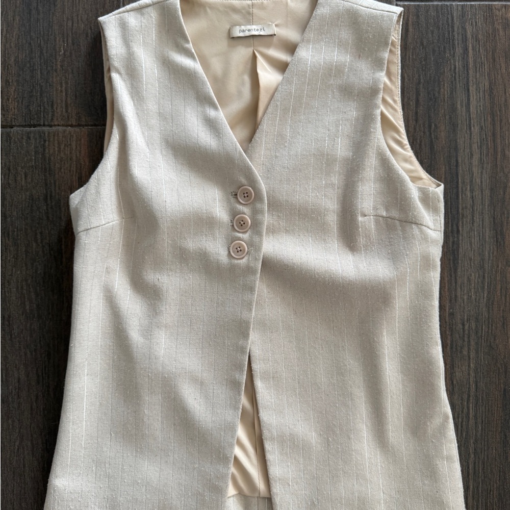 Parentezi Beige Sleeveless Vest with Buttons silver pinstriped xs
